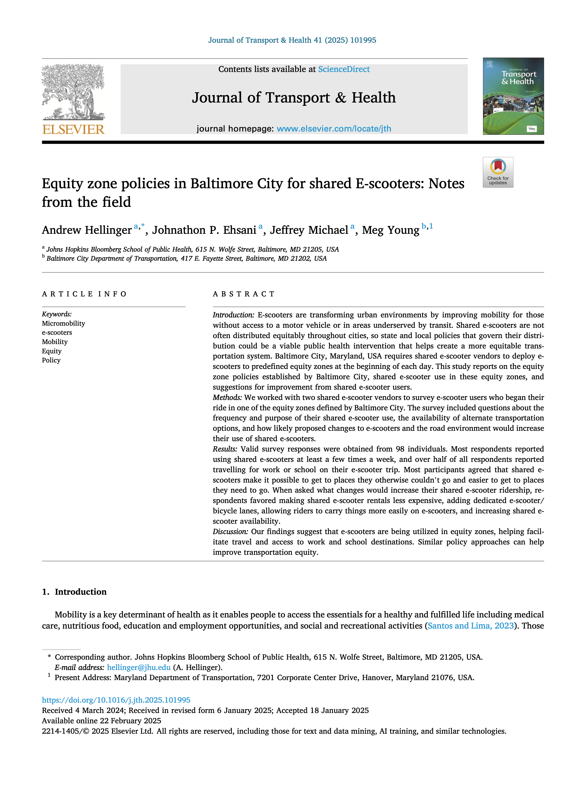 Screenshot of Journal of Transport & Health Publication